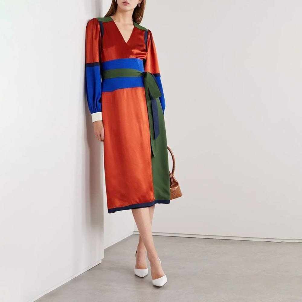 Tory Burch Kola Colorblock Silk Blend Satin Crepe Wrap Dress